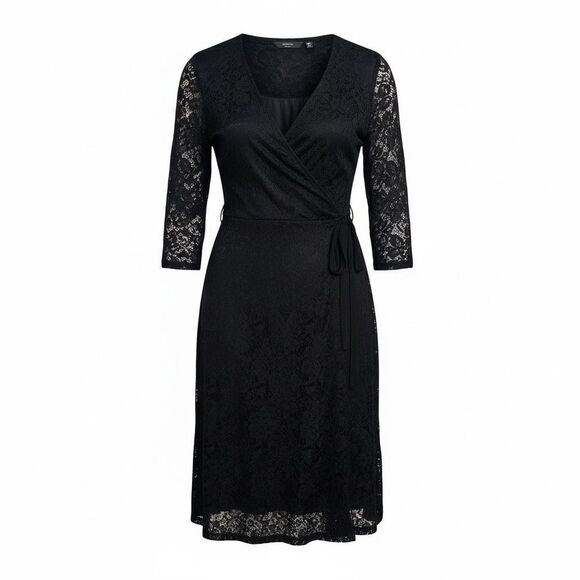 R&K Dresses & Skirts - R&K Lace Wrap 3/4 Sleeve A Line Midi Dress Black Size 24W Plus